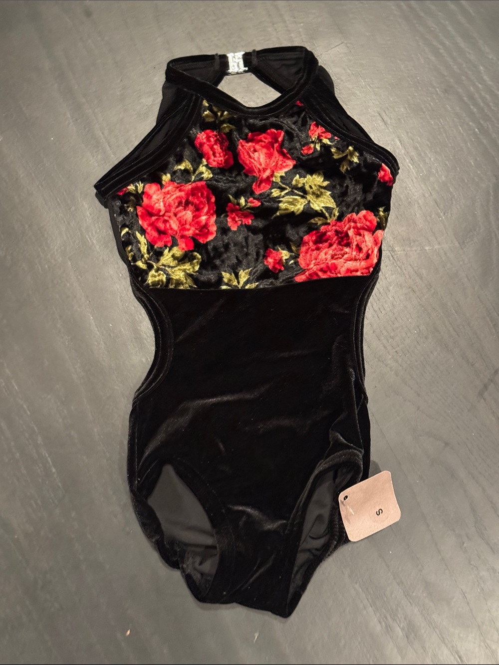 Girls Black Velvet Dance Leotard with Red Rose Print